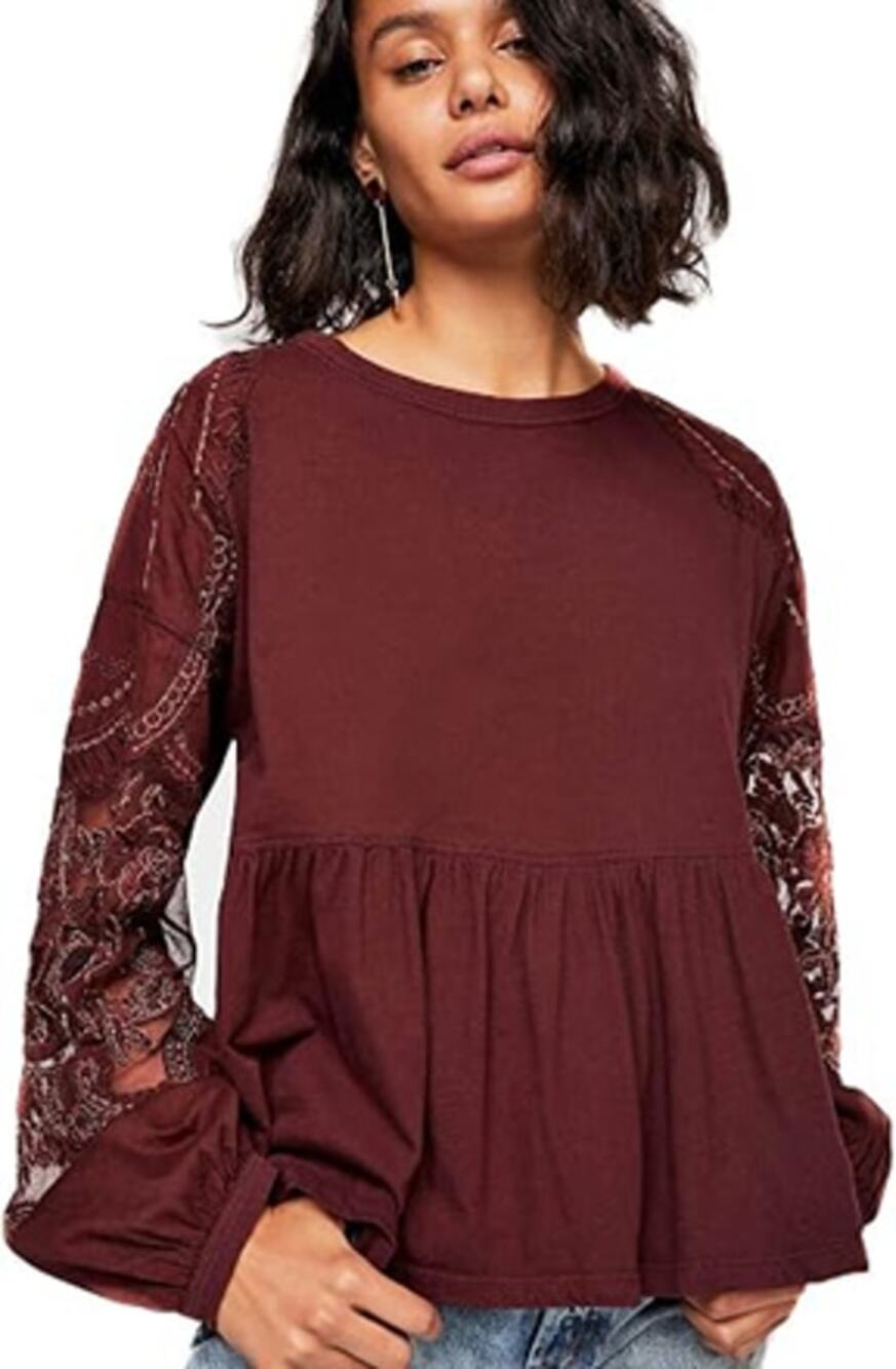 Free People Penny Embroidered Sheer Sleeve Peplum Blouse Purple Red M